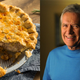 Left: a tourtiere in a pie tin. Right: Alex Trebek
